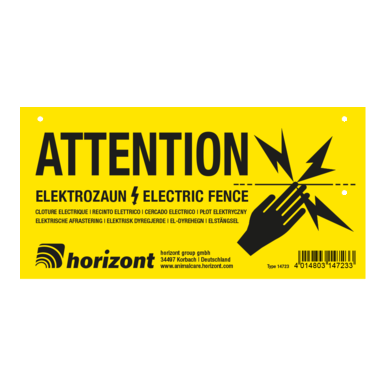 Tabliczka ostrzegawcza „Uwaga, ogrodzenie elektryczne” | międzynarodowa | nadruk dwustronny